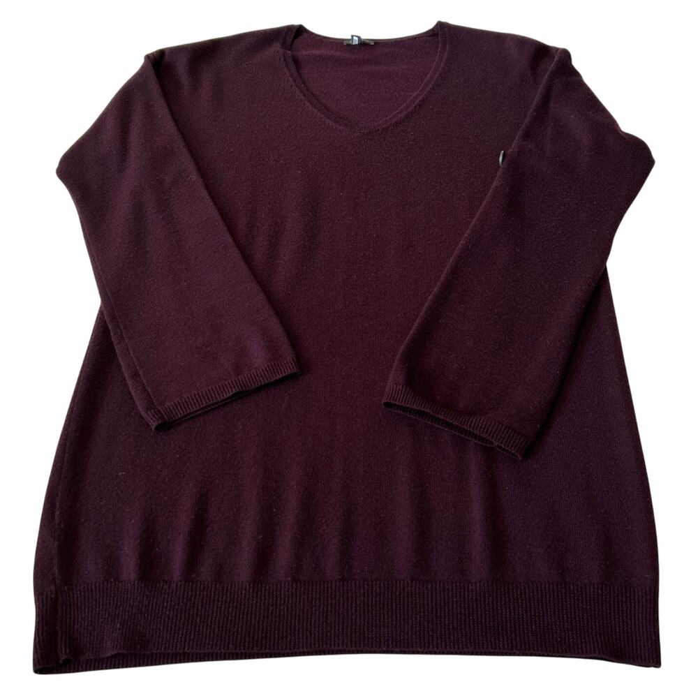 Ann Taylor Sweater Women's 100% Merino Wool V Neck Long Roll Tab Sleeve Maroon M